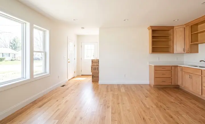 An empty, freshly cleaned home with moving boxes by the door